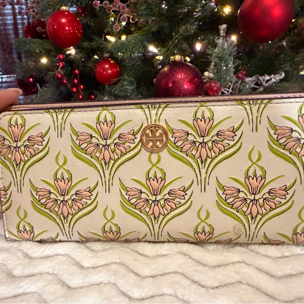 Tory Burch Cream Wallet With Pink And Green Floral Pattern